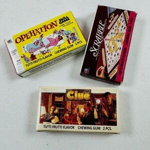 Set of 3 Miniature Board Game Boxes Clue Operation Scrabble Tutti Frutti 1.5 in